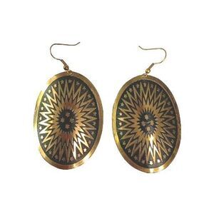 Vintage Sun Sunburst Earrings Brass And Black Oval Boho Pierced Dangle Large 2"